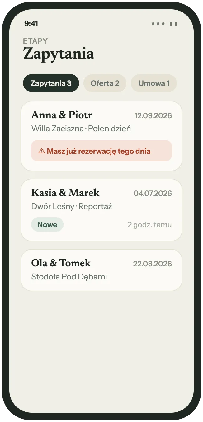 Tidybook na telefonie — lista zapytań z ostrzeżeniem o kolizji terminu