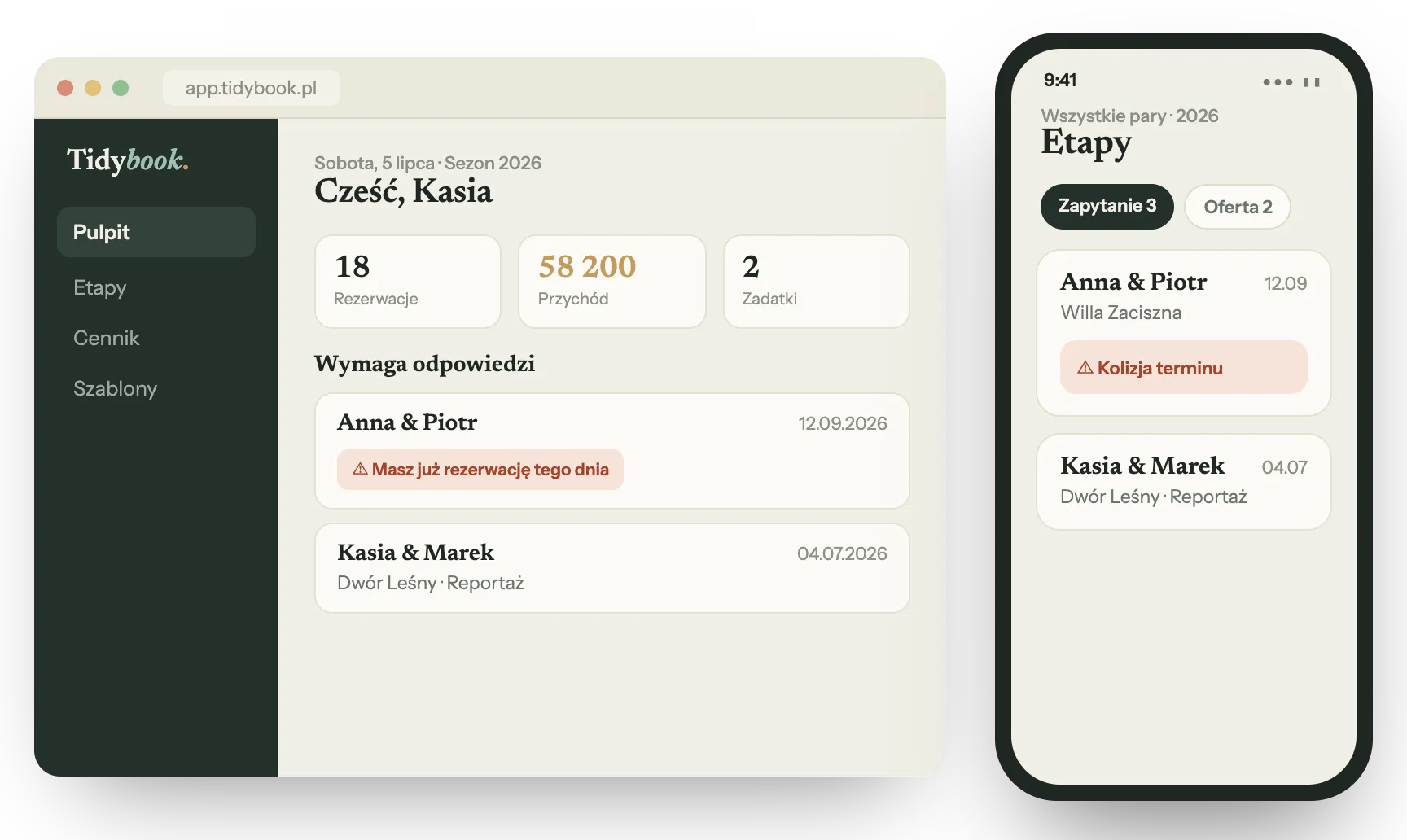 Tidybook — pulpit na komputerze i etapy rezerwacji w aplikacji na telefonie